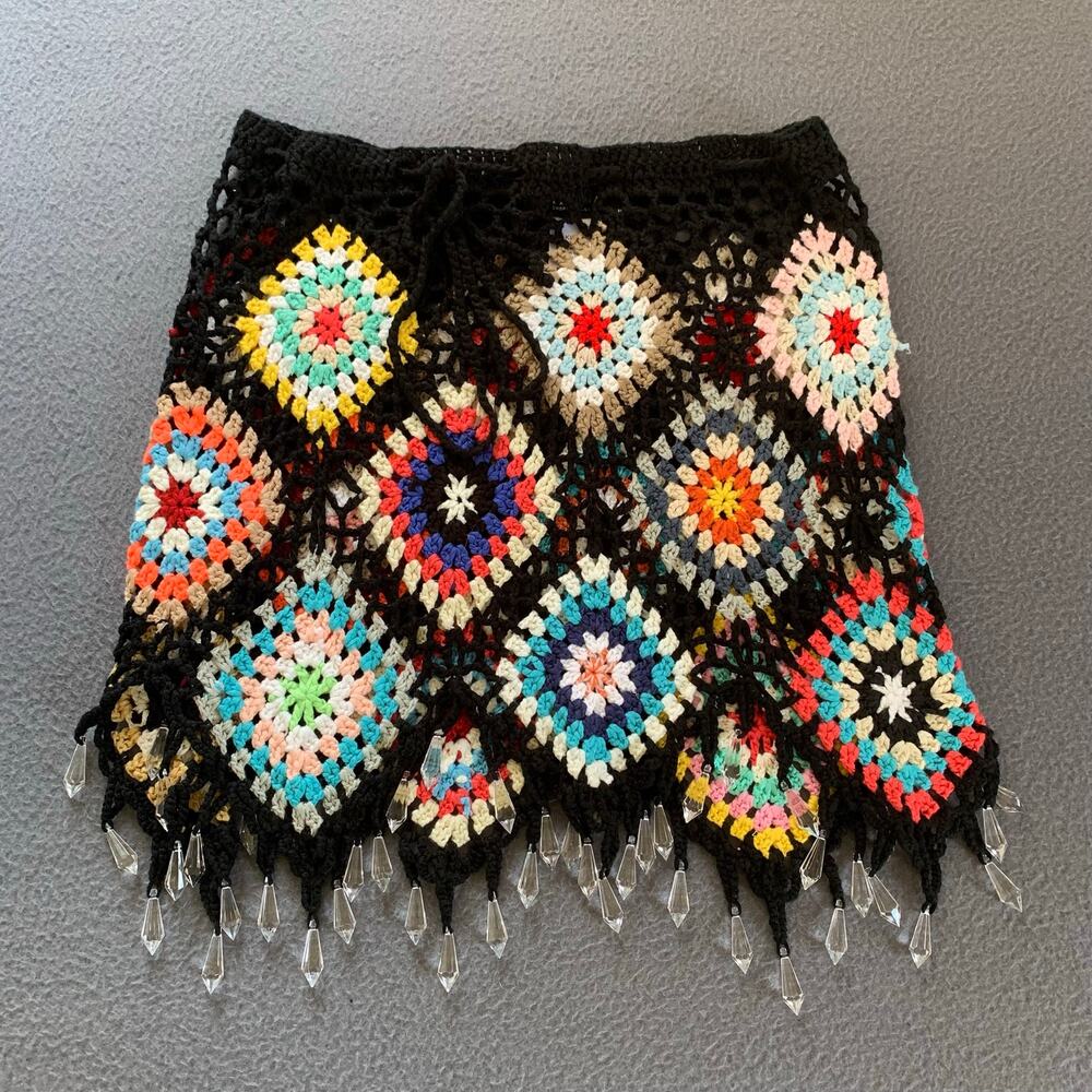 AKIRA Crochet Granny Square Mesh Mini Cover Up Skirt Black Festival Boho Medium